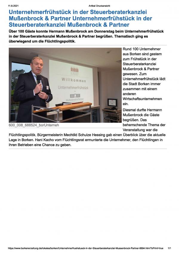 20151029 BZ Unternehmerfruehstueck in der Steuerberaterkanzlei Mussenbrock und Partner